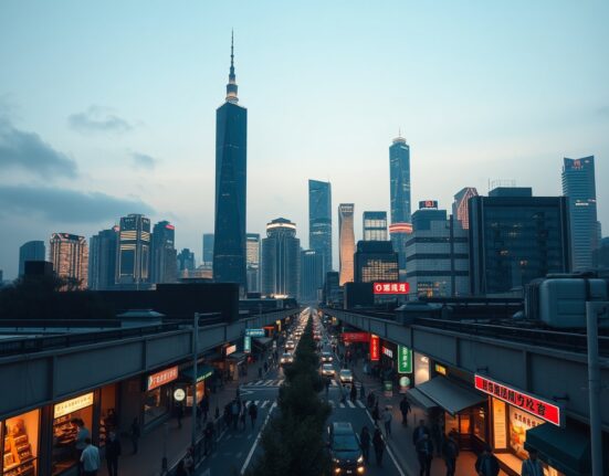 China economic growth analysis showing contrast between Shanghai skyscrapers and subdued street-level consumer activity