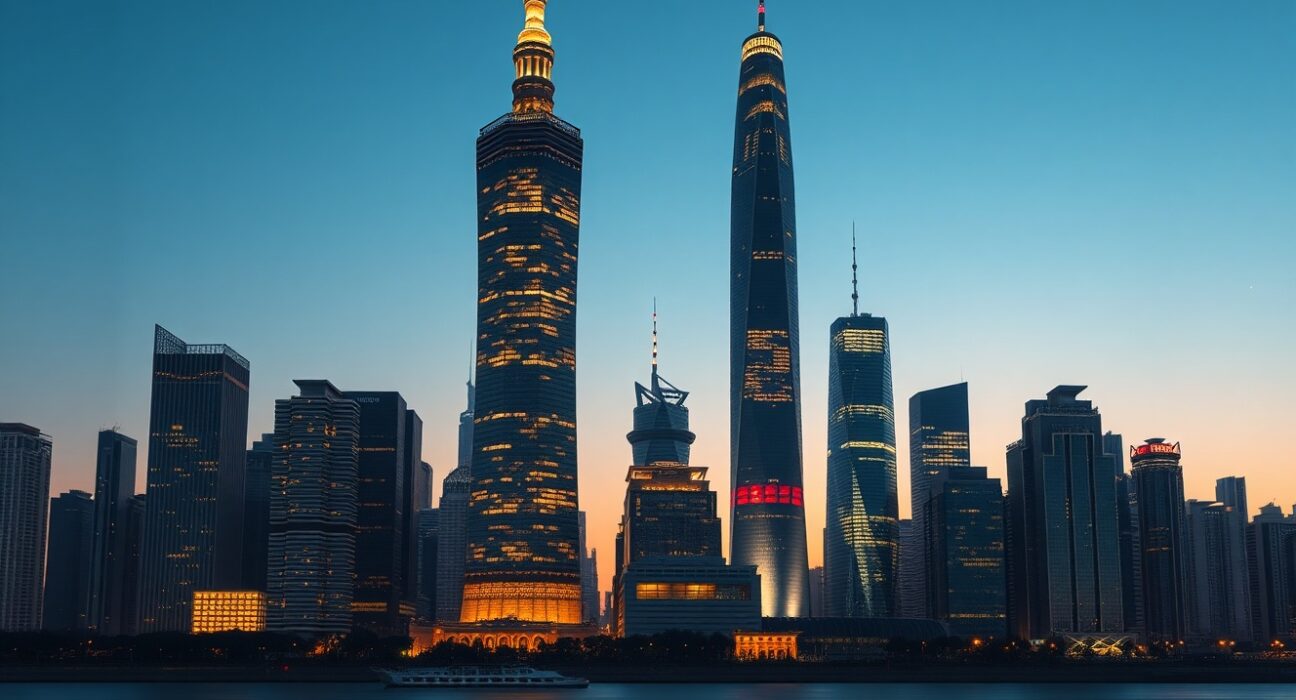 China's economic resilience shown through Shanghai financial district skyline at dusk representing growth stability