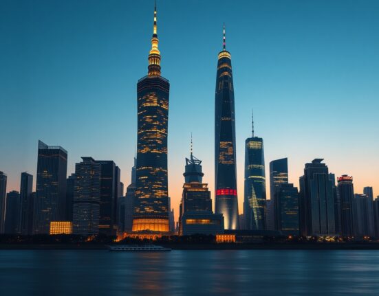 China's economic resilience shown through Shanghai financial district skyline at dusk representing growth stability