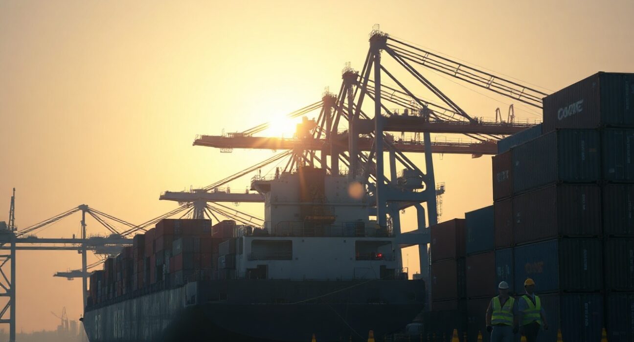 Busy container port in China with cranes and cargo ships at dawn, representing export trade and global inflation dynamics.