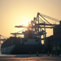 Busy container port in China with cranes and cargo ships at dawn, representing export trade and global inflation dynamics.