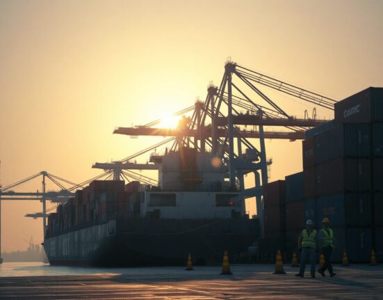 Busy container port in China with cranes and cargo ships at dawn, representing export trade and global inflation dynamics.