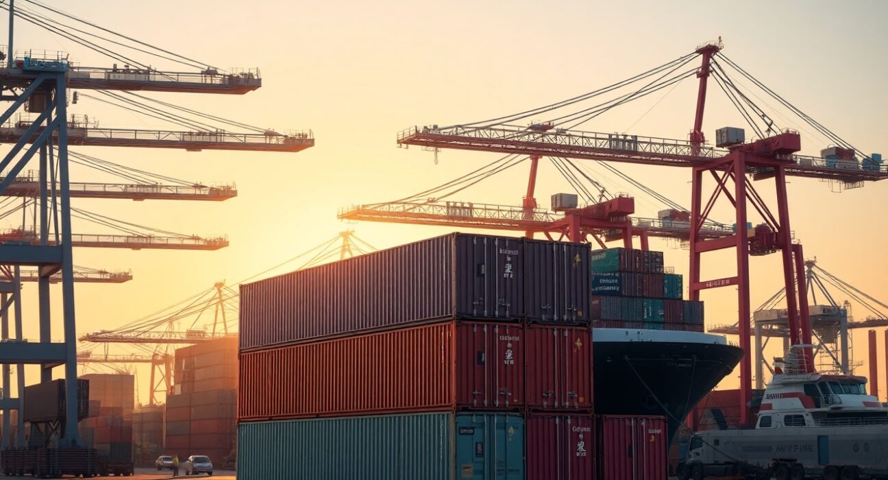 China's export strength visualized through port operations and shipping container logistics at major Chinese harbors.