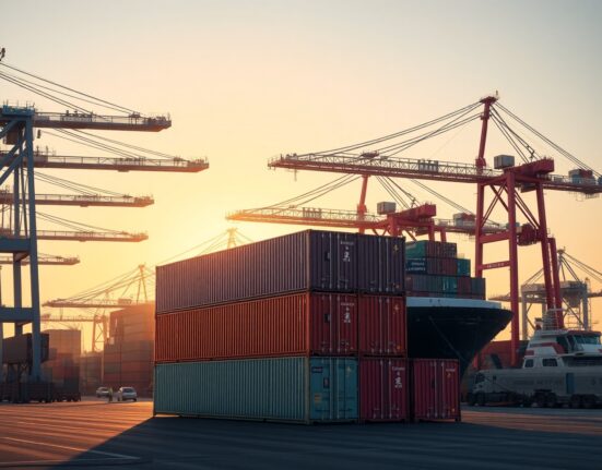 China's export strength visualized through port operations and shipping container logistics at major Chinese harbors.