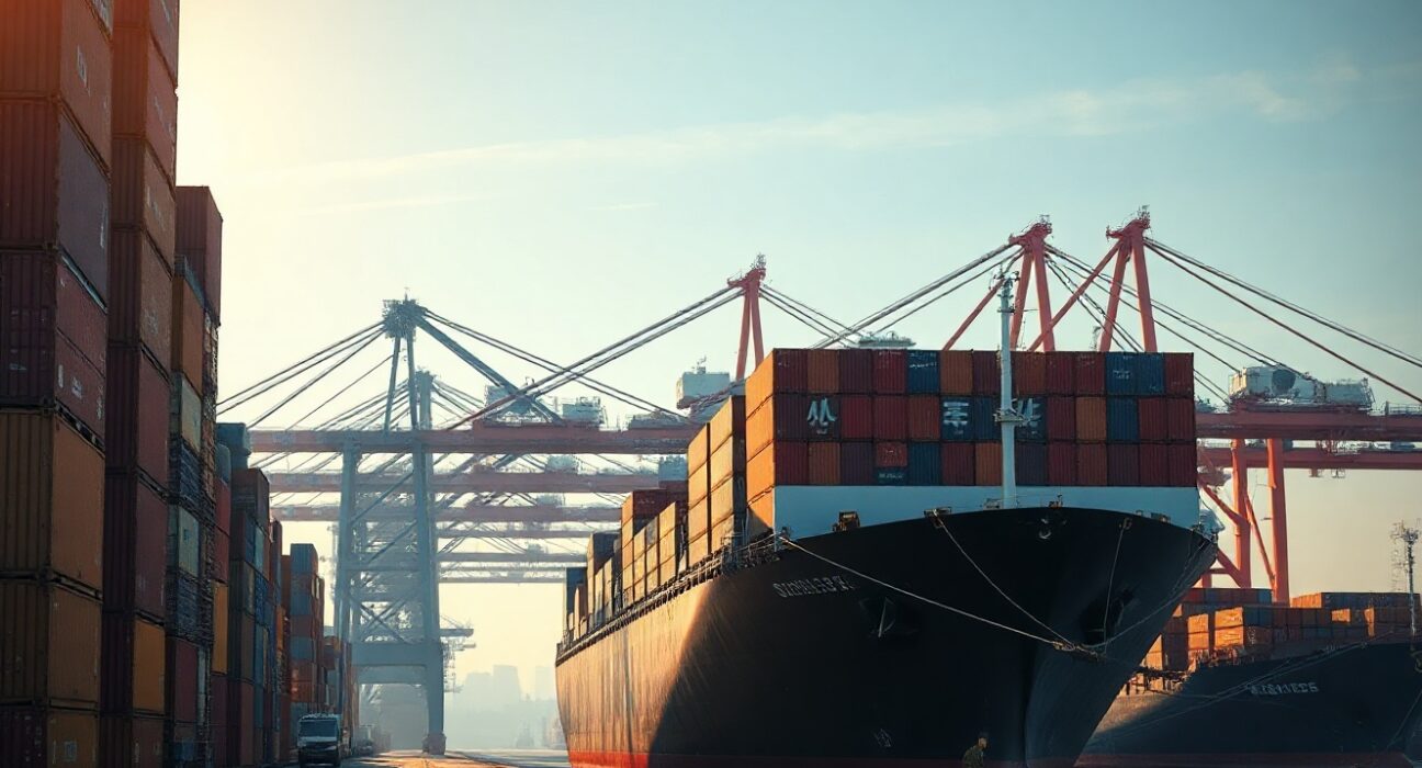 Container ship being loaded at a busy Chinese port, symbolizing the surge in exports.