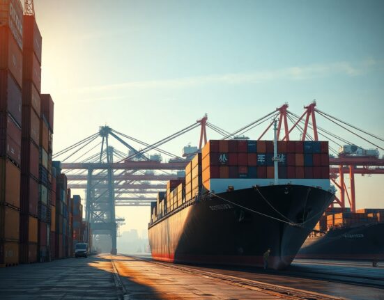 Container ship being loaded at a busy Chinese port, symbolizing the surge in exports.