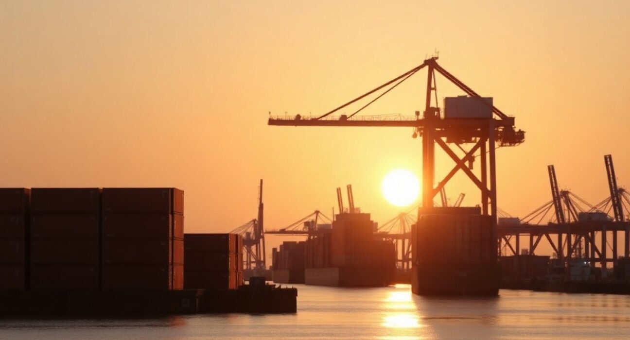 Aerial view of a busy Chinese port with container cranes at sunrise, representing trade activity.