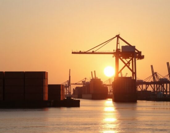 Aerial view of a busy Chinese port with container cranes at sunrise, representing trade activity.