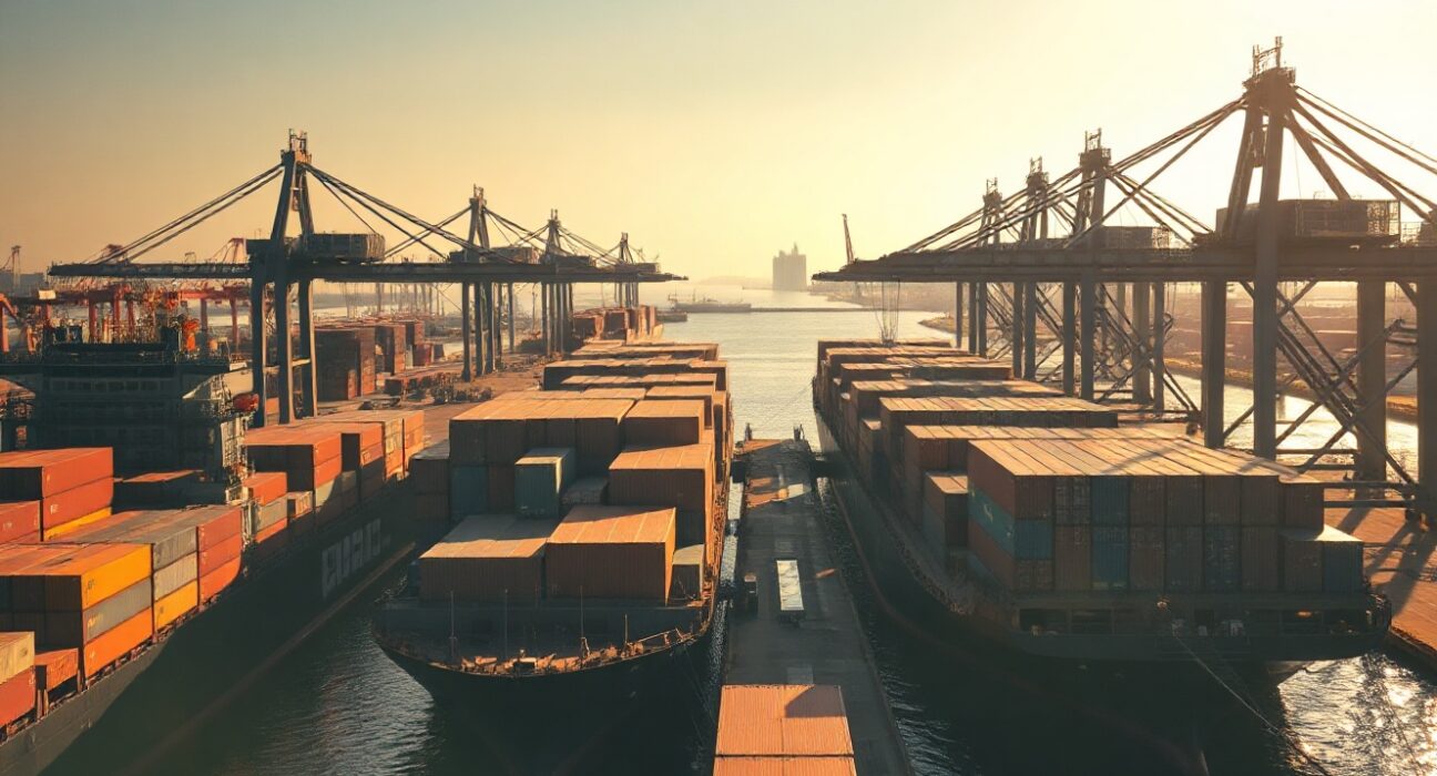 Container ships and cranes at a Chinese port at sunset, representing trade activity
