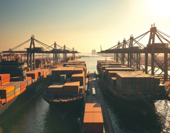 Container ships and cranes at a Chinese port at sunset, representing trade activity