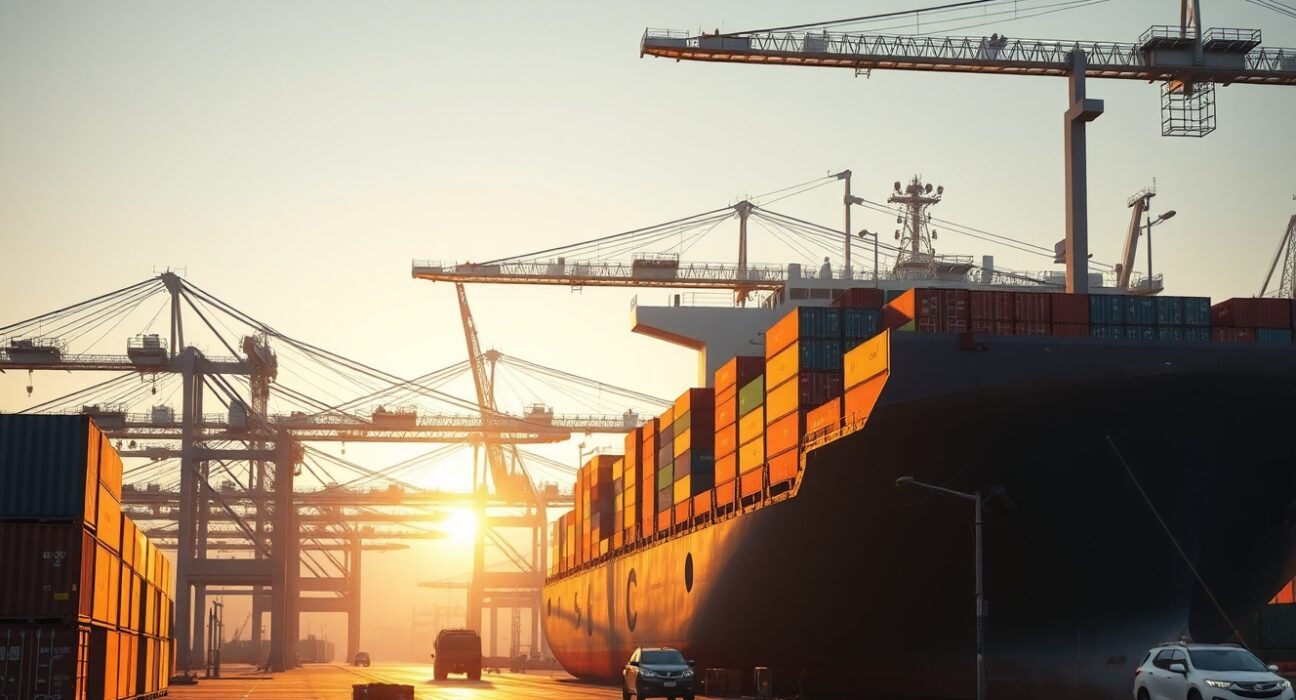Aerial view of a busy Chinese container port with cranes loading a cargo ship at sunrise.