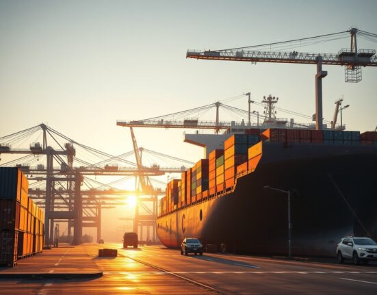 Aerial view of a busy Chinese container port with cranes loading a cargo ship at sunrise.