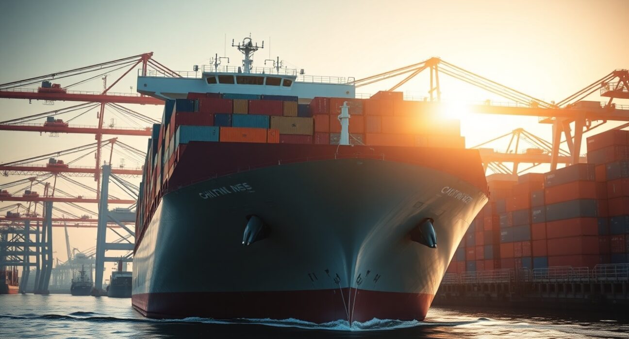 Large cargo ship loaded with containers departing from a busy Chinese port at sunset.