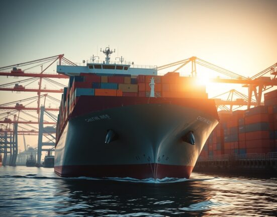 Large cargo ship loaded with containers departing from a busy Chinese port at sunset.