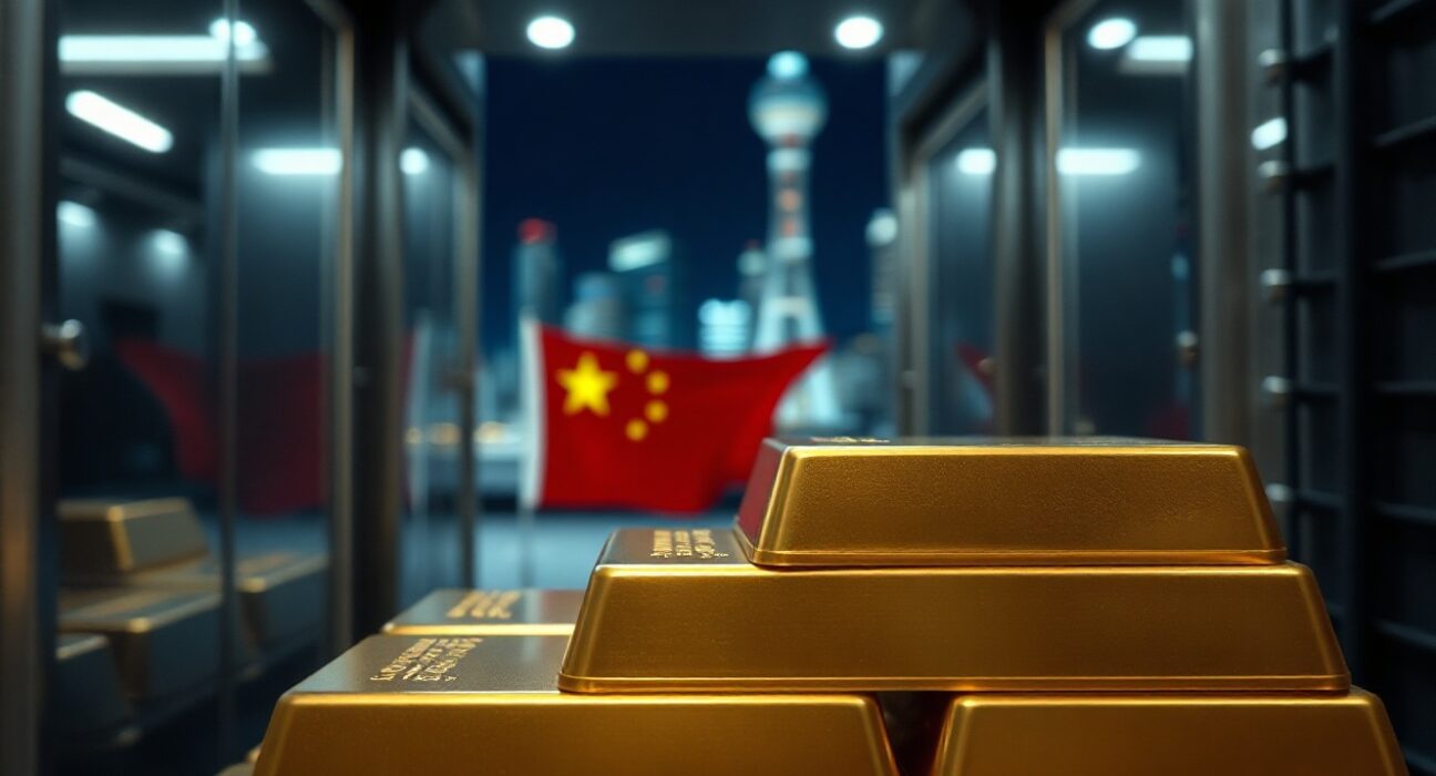 Gold bars stacked in a vault representing China's central bank gold reserves