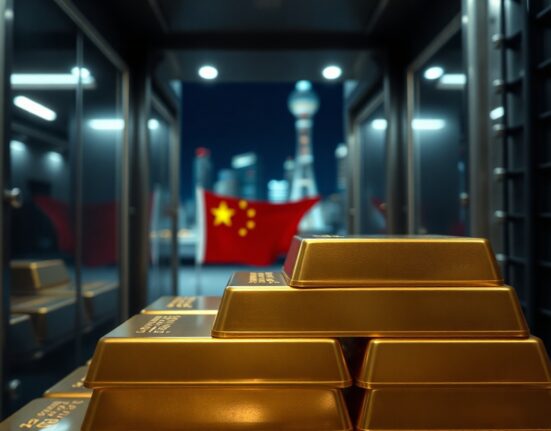 Gold bars stacked in a vault representing China's central bank gold reserves