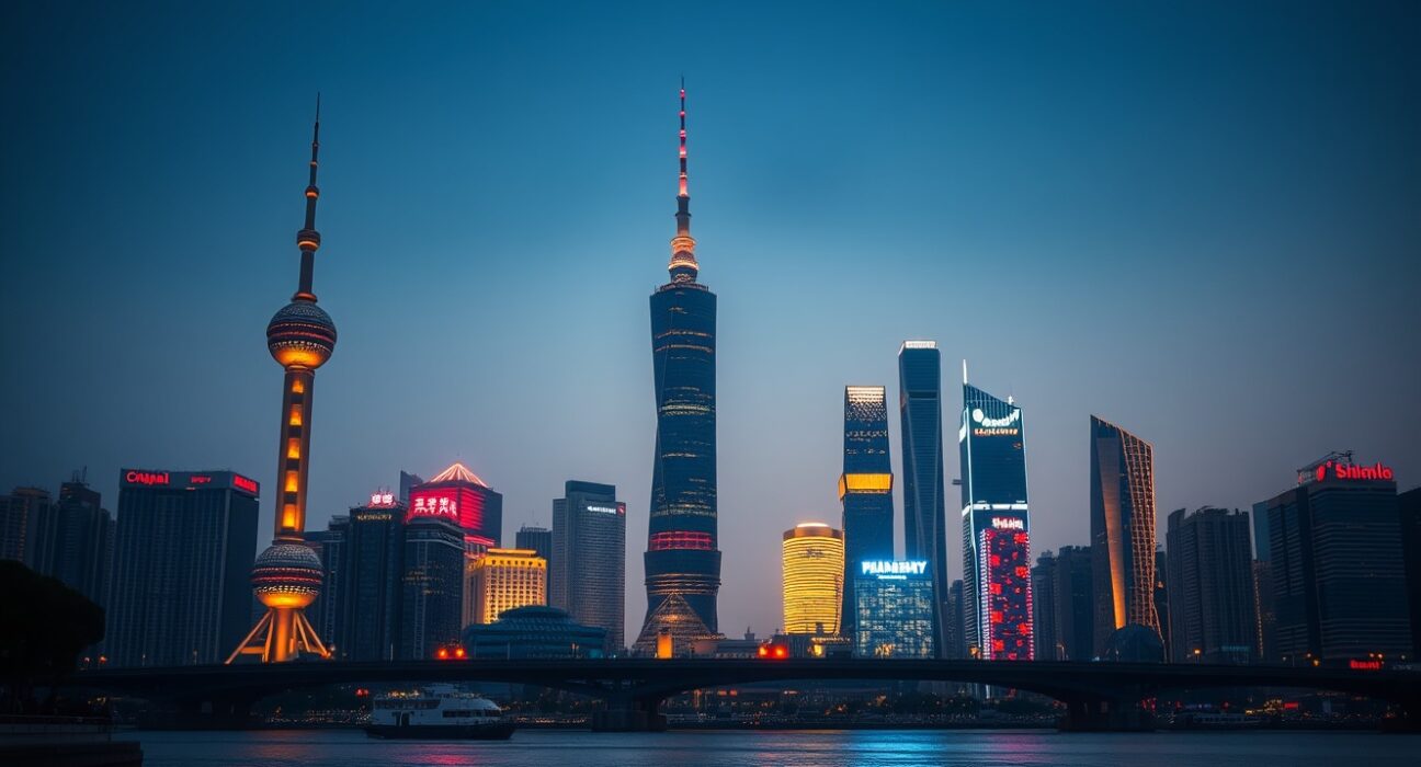 Shanghai skyline at dusk with illuminated skyscrapers along the Huangpu River, representing China's economic and investment landscape.