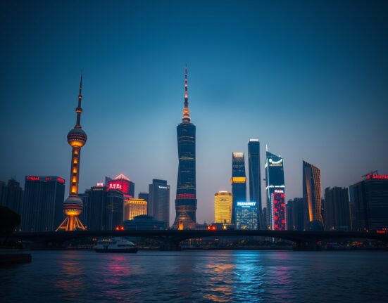 Shanghai skyline at dusk with illuminated skyscrapers along the Huangpu River, representing China's economic and investment landscape.
