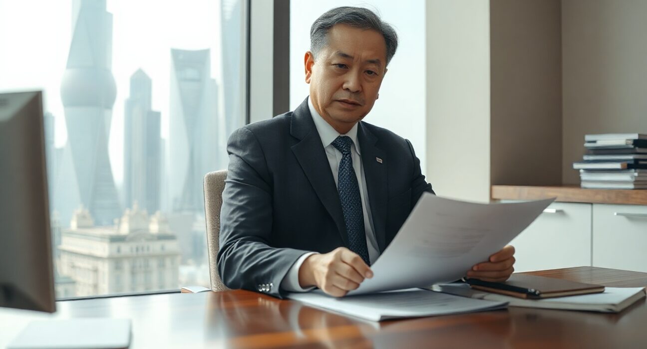 Chinese financial regulator in office reviewing documents with city skyline background