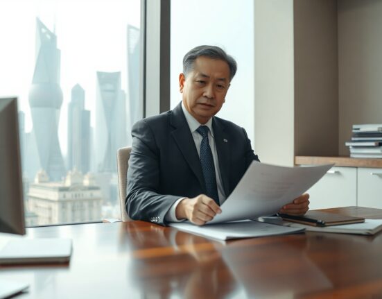 Chinese financial regulator in office reviewing documents with city skyline background