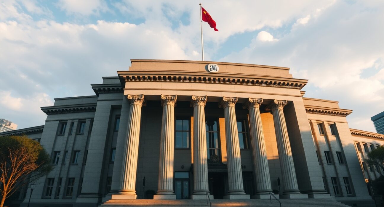 Exterior of the People's Bank of China headquarters in Beijing on a cloudy afternoon.