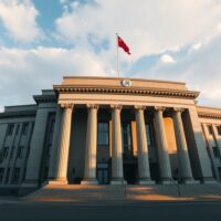 Exterior of the People's Bank of China headquarters in Beijing on a cloudy afternoon.