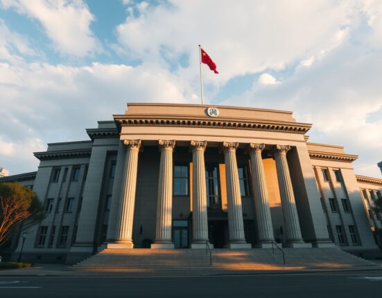 Exterior of the People's Bank of China headquarters in Beijing on a cloudy afternoon.