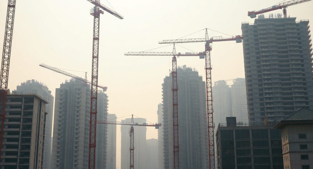 Construction cranes and buildings in a Chinese city skyline, representing fixed asset investment activity.
