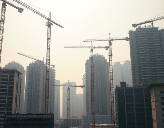 Construction cranes and buildings in a Chinese city skyline, representing fixed asset investment activity.