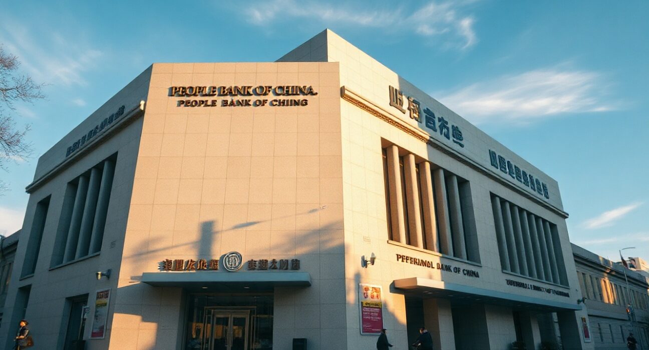 Exterior of the People's Bank of China headquarters in Beijing on a clear day, representing China's foreign exchange reserves data.