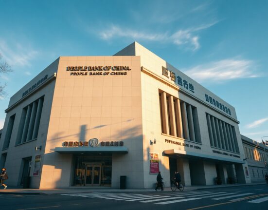 Exterior of the People's Bank of China headquarters in Beijing on a clear day, representing China's foreign exchange reserves data.