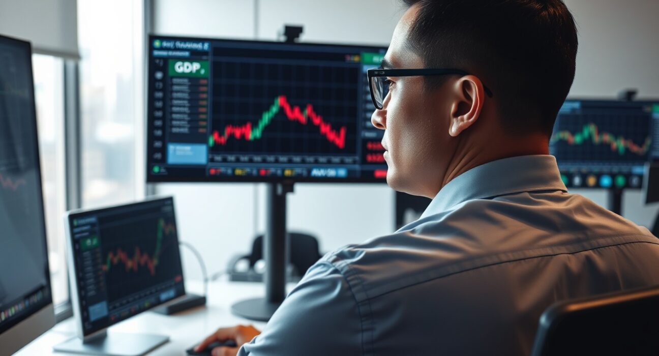 Trader analyzing China GDP data and AUD/USD currency pair impact on financial markets