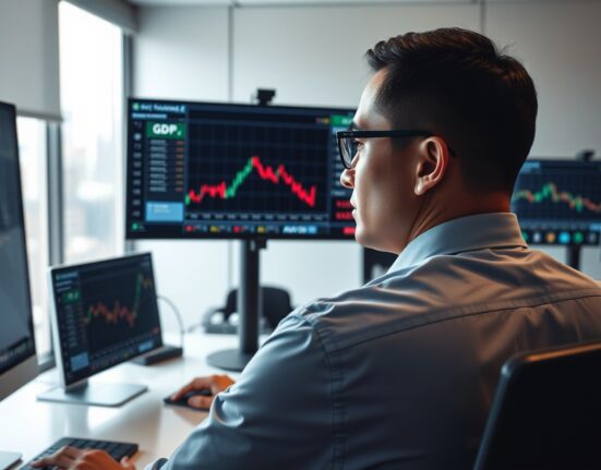 Trader analyzing China GDP data and AUD/USD currency pair impact on financial markets