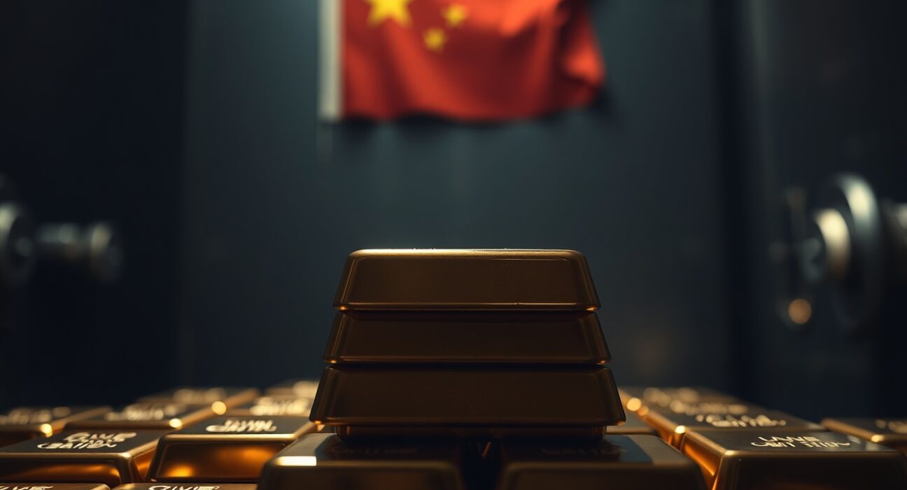 Stack of gold bars in a vault with a Chinese flag in the background