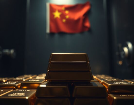 Stack of gold bars in a vault with a Chinese flag in the background