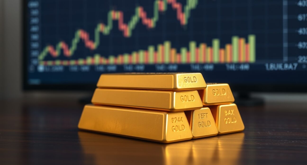 Gold bullion bars stacked with a stock chart in the background, illustrating China's gold buying spree and ETF records.