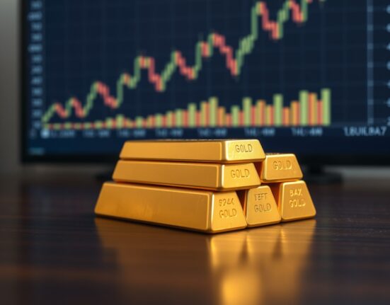 Gold bullion bars stacked with a stock chart in the background, illustrating China's gold buying spree and ETF records.