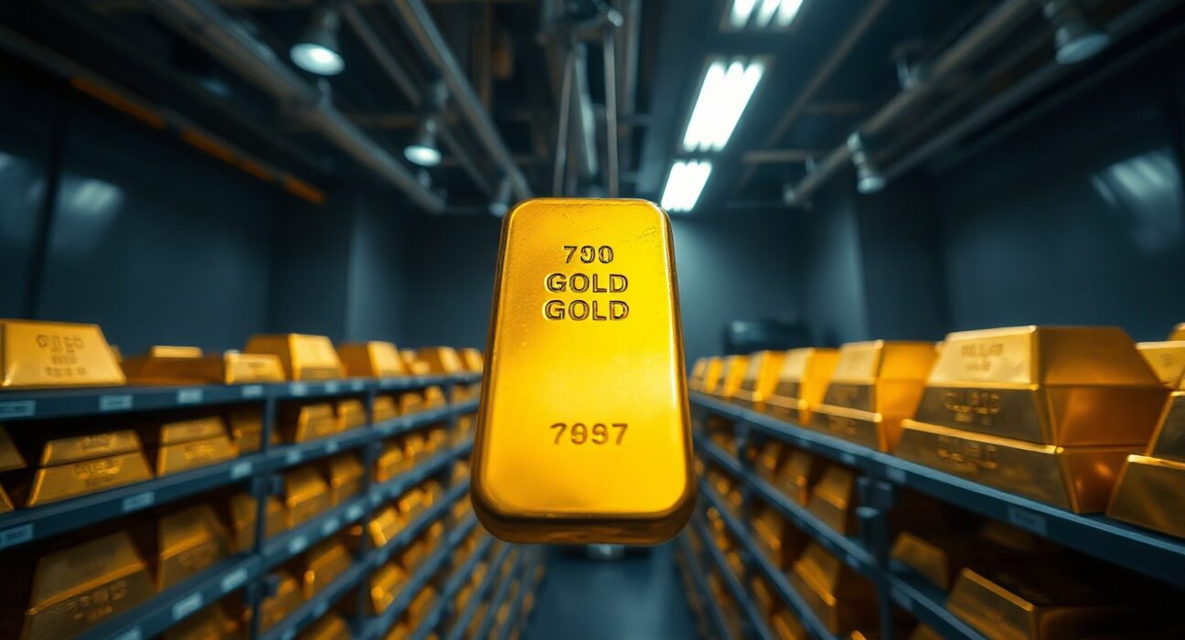 Stacked gold bullion bars in a secure bank vault representing China's growing gold reserves and market influence.