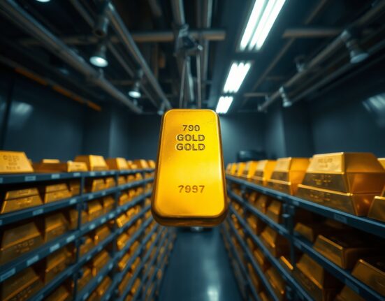 Stacked gold bullion bars in a secure bank vault representing China's growing gold reserves and market influence.