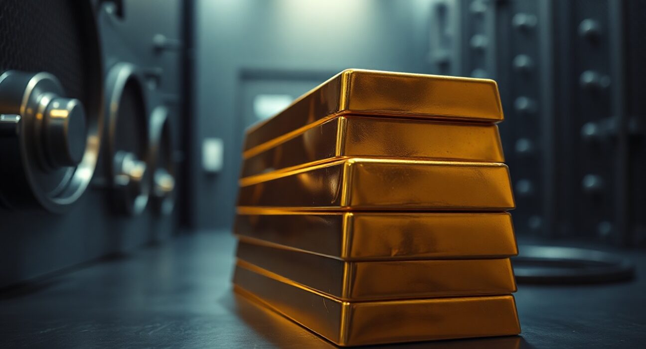Stacked gold bullion bars in a secure vault representing China's central bank reserves
