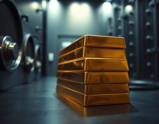 Stacked gold bullion bars in a secure vault representing China's central bank reserves