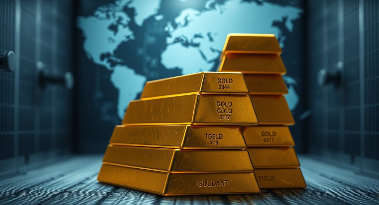 Gold bullion bars stacked in a vault, representing central bank gold reserves.