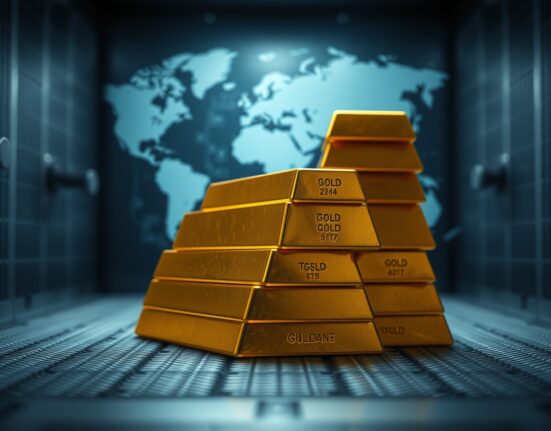 Gold bullion bars stacked in a vault, representing central bank gold reserves.