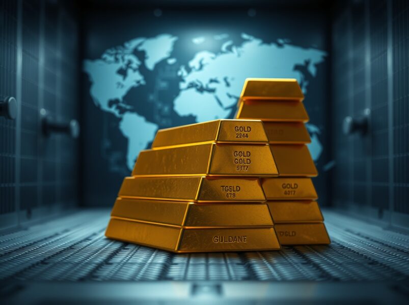 Gold bullion bars stacked in a vault, representing central bank gold reserves.