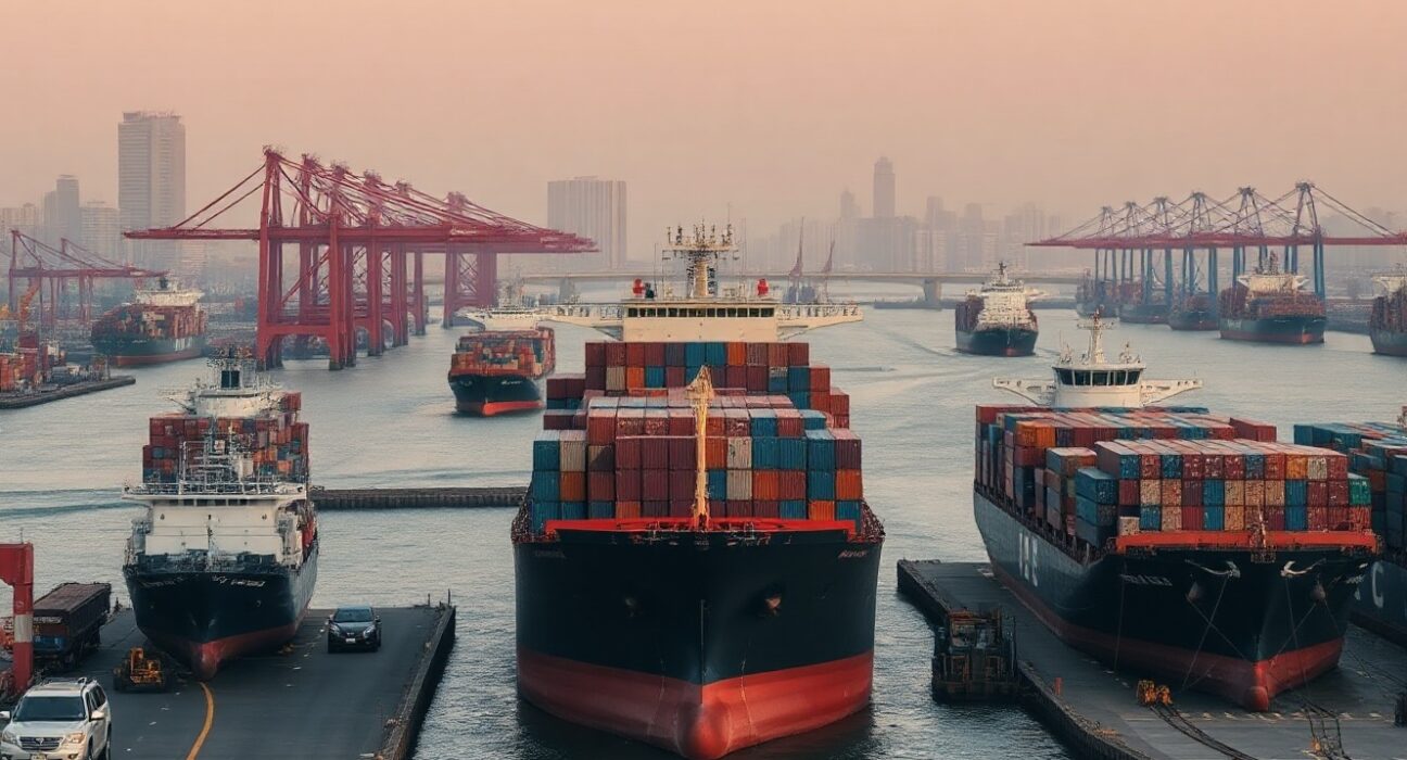 Container port in China at dawn, symbolizing trade and export activity
