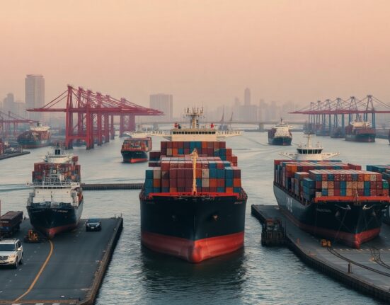 Container port in China at dawn, symbolizing trade and export activity