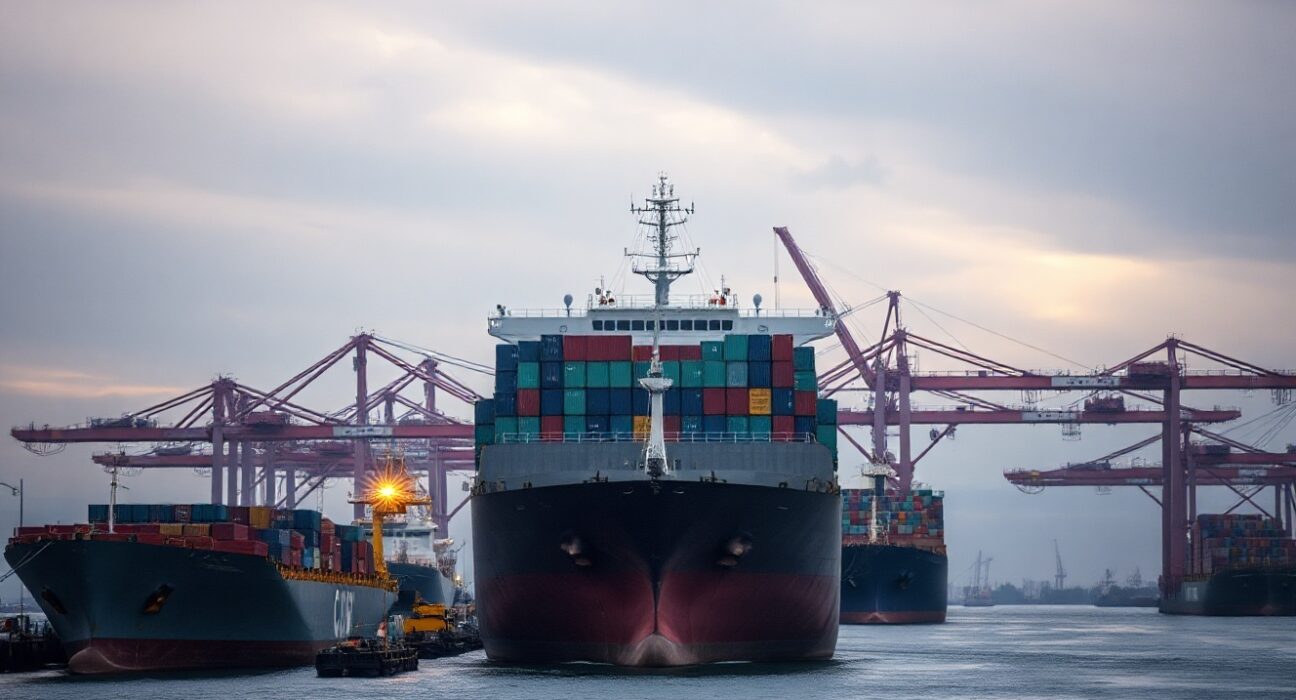 Cargo ships and cranes at a Chinese port at dusk, symbolizing trade and economic activity.