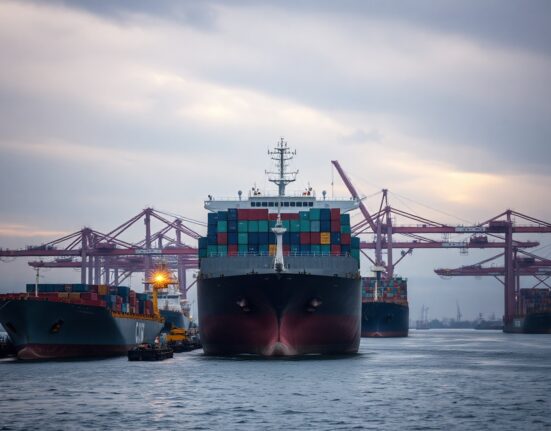 Cargo ships and cranes at a Chinese port at dusk, symbolizing trade and economic activity.