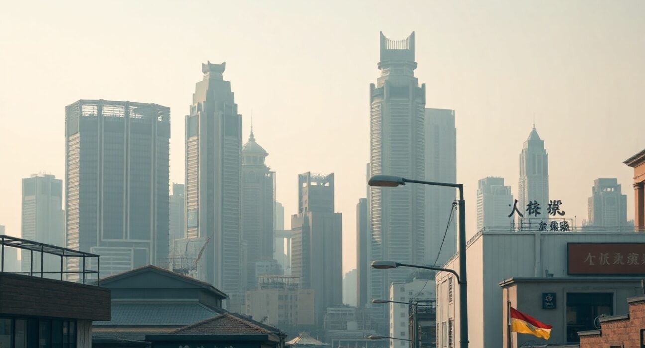 Aerial view of a Chinese city skyline on an overcast day, reflecting economic uncertainty.