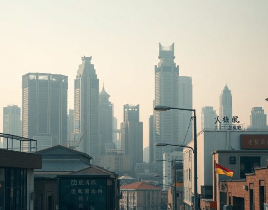 Aerial view of a Chinese city skyline on an overcast day, reflecting economic uncertainty.